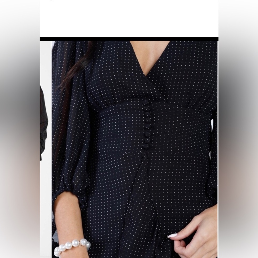NWT Sugar + Lips Black Polkadot Babydoll Puffy Sleeve Elegant Dress Size L - Picture 10 of 11